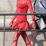Lily Collins in a Red Dress Filming Emily in Paris in Venice 08/16/2025