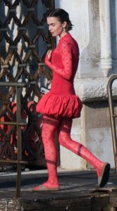 Lily Collins in a Red Dress