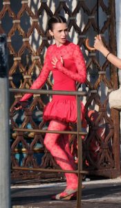 Lily Collins in a Red Dress