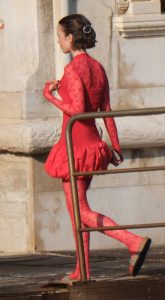 Lily Collins in a Red Dress