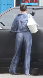 Shay Mitchell in a Blue Denim Pantsuit