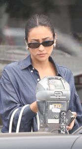 Shay Mitchell in a Blue Denim Pantsuit