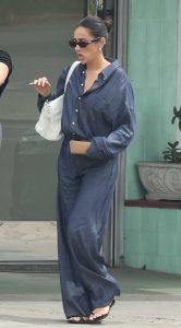 Shay Mitchell in a Blue Denim Pantsuit