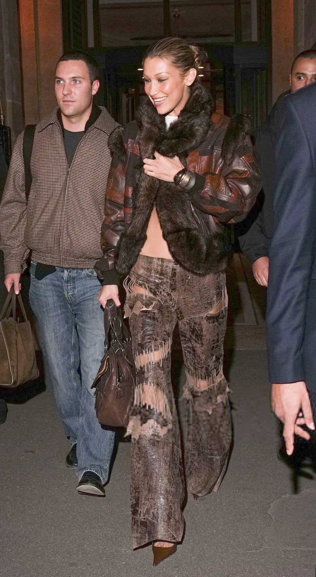 Bella Hadid in a Brown Leather Jacket
