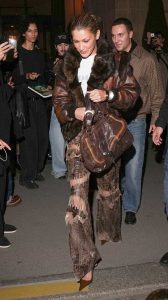 Bella Hadid in a Brown Leather Jacket