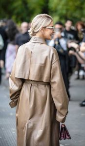 Caroline Daur in a Beige Leather Coat