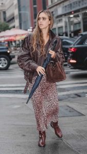 Jessica Alba in a Brown Leather Jacket