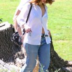 Lily James in a White Shirt Was Seen Out for a Walk at Central Park in New York City 09/19/2025