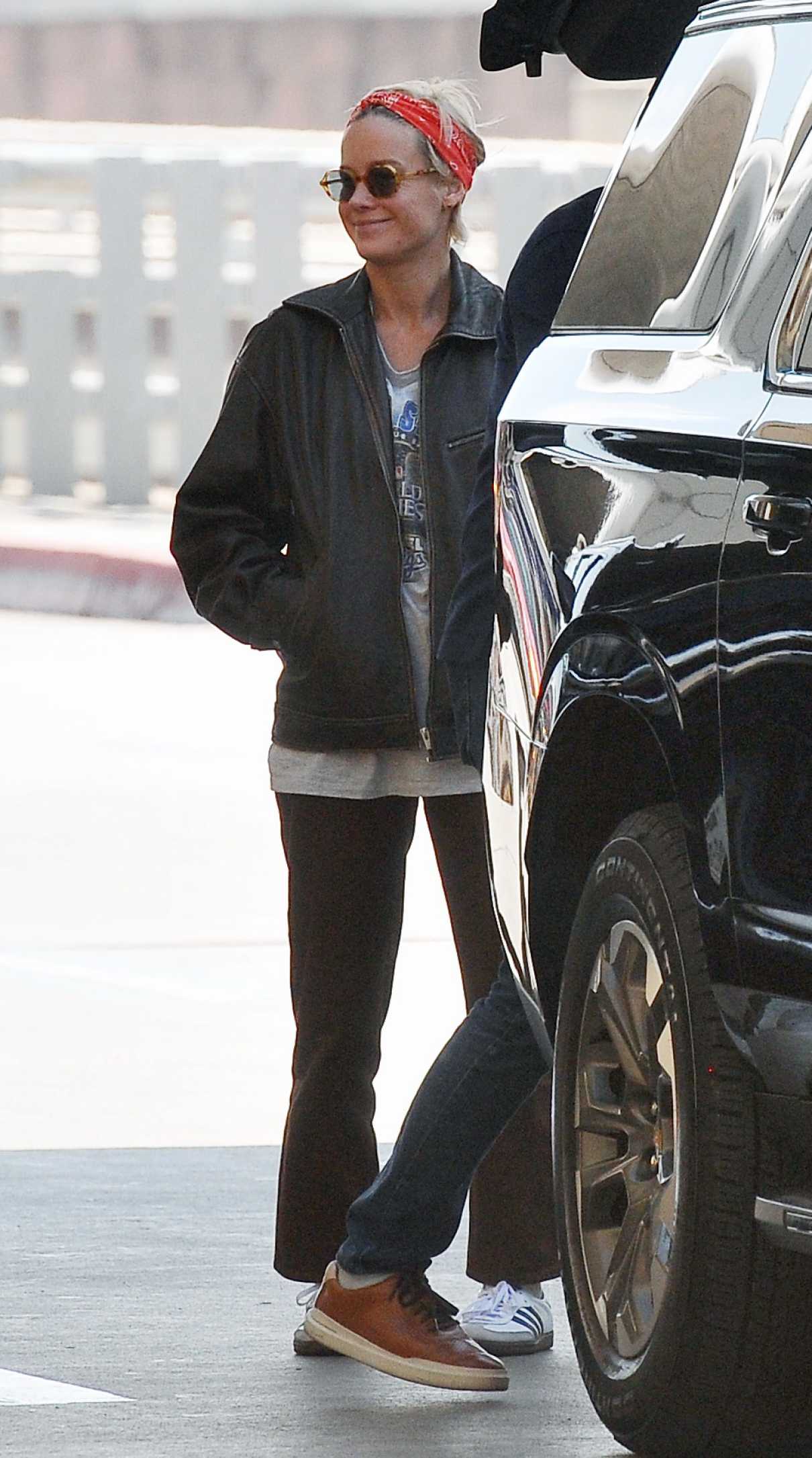 Brie Larson in a Black Leather Jacket