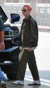 Brie Larson in a Black Leather Jacket