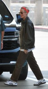 Brie Larson in a Black Leather Jacket