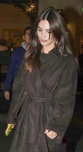 Emily Ratajkowski in a Brown Suede Coat