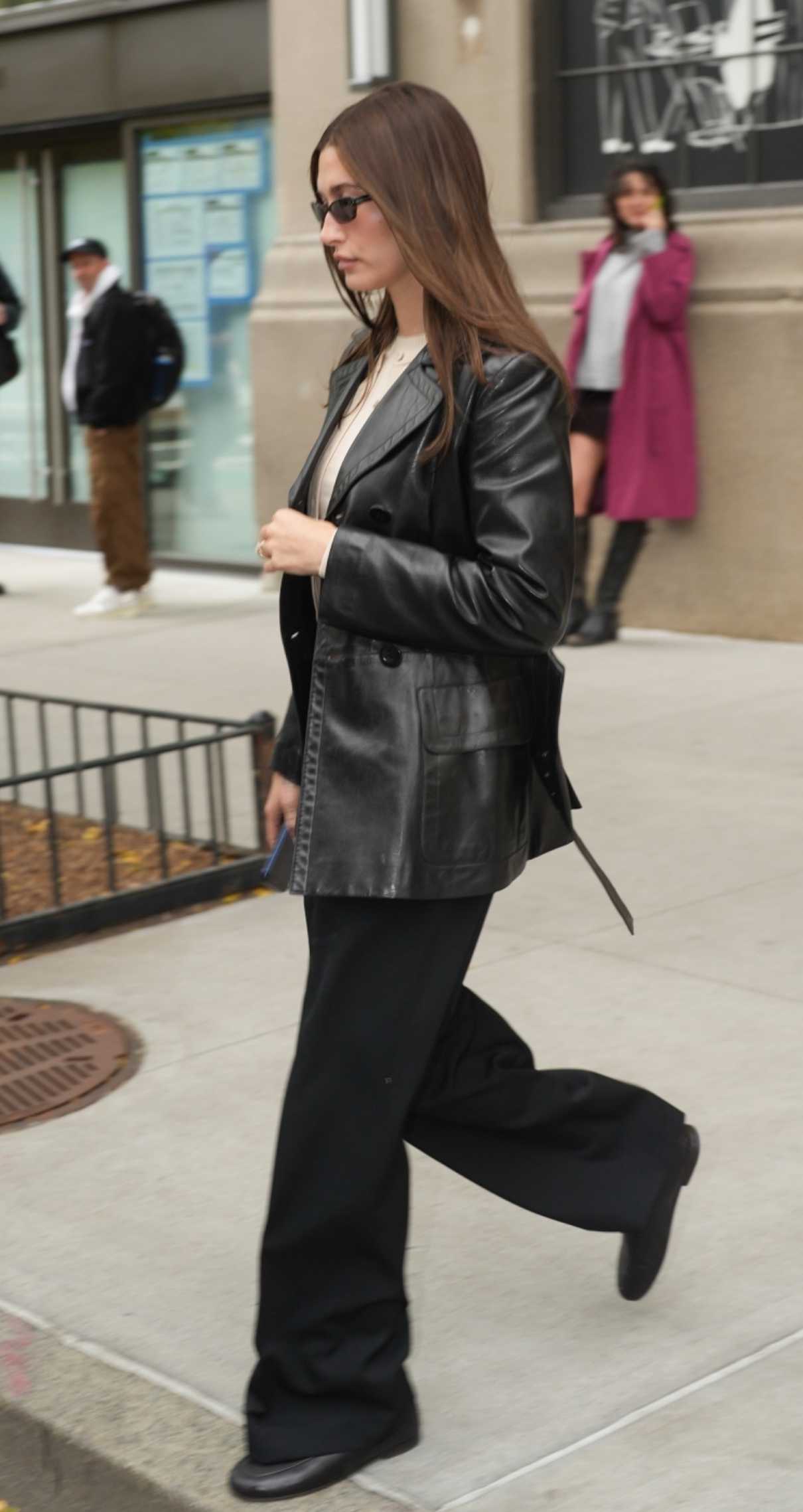 Hailey Bieber in a Black Leather Jacket