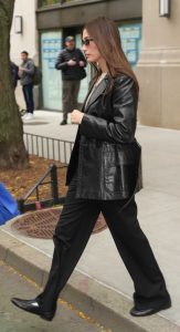 Hailey Bieber in a Black Leather Jacket