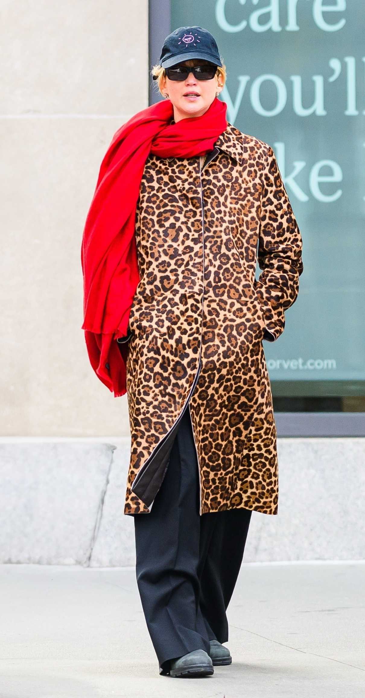 Jennifer Lawrence in an Animal Print Trench Coat