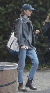 Lily Collins in a Black Leather Jacket