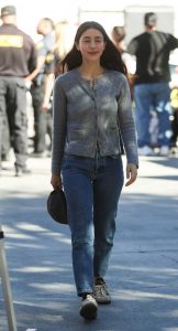 Caylee Cowan in a Grey Cardigan