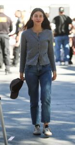 Caylee Cowan in a Grey Cardigan