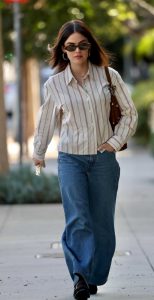 Lucy Hale in a Beige Striped Shirt