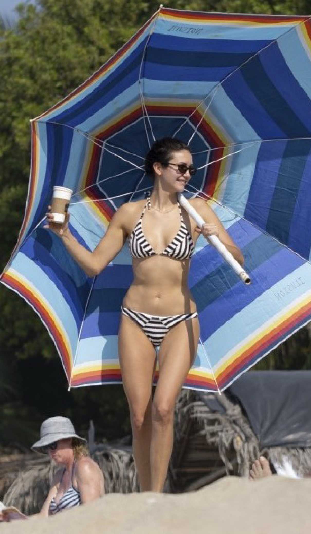 Nina Dobrev in a Striped Bikini