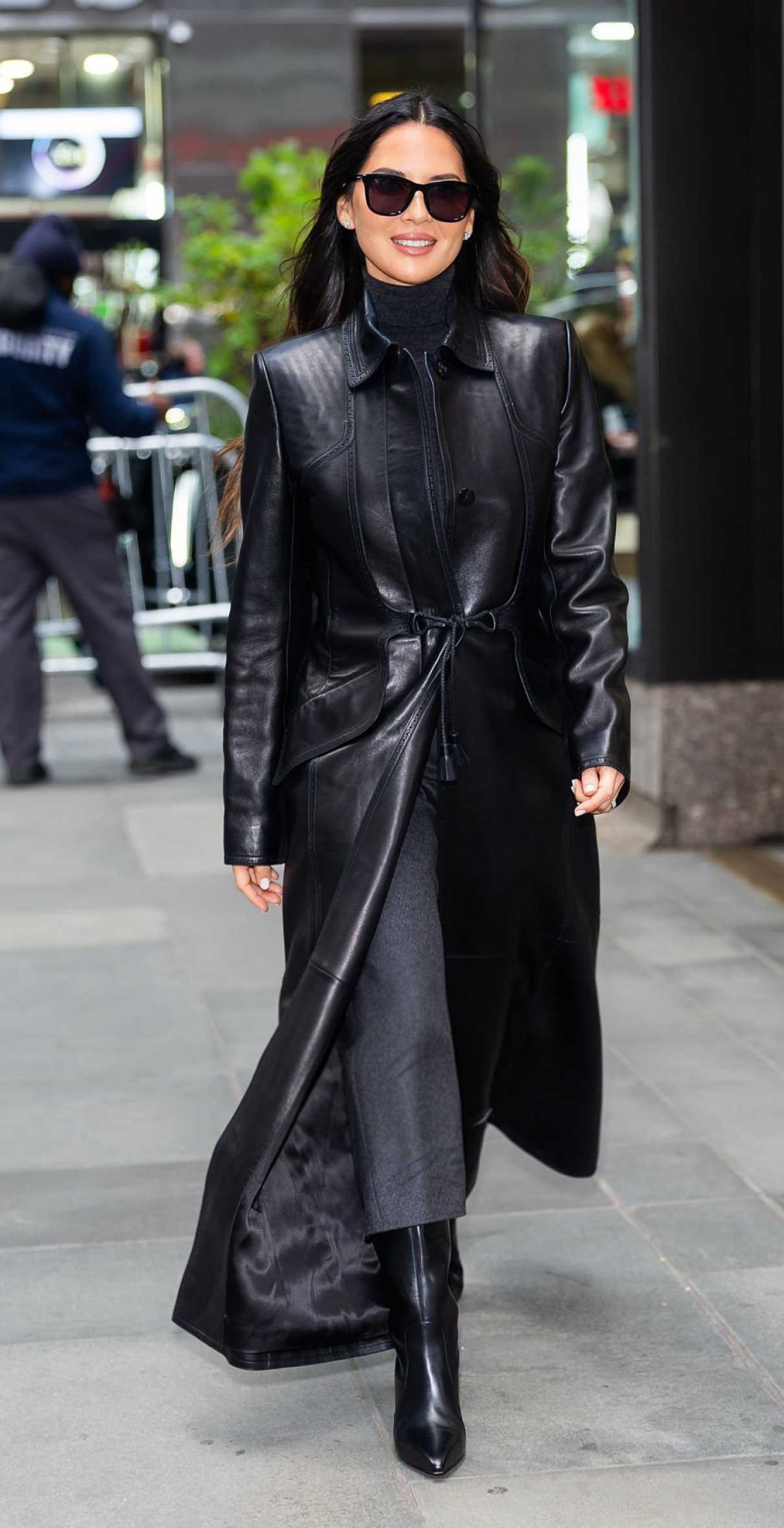 Olivia Munn in a Black Leather Coat