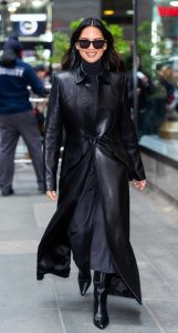 Olivia Munn in a Black Leather Coat