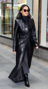 Olivia Munn in a Black Leather Coat