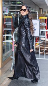 Olivia Munn in a Black Leather Coat