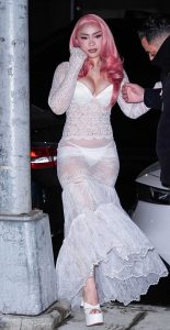 Ice Spice in a White See-Through Lace Dress