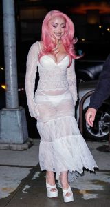 Ice Spice in a White See-Through Lace Dress