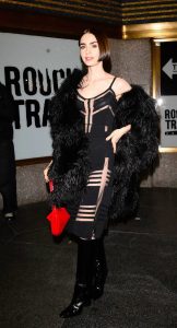 Lily Collins in a Black Fur Coat