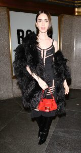 Lily Collins in a Black Fur Coat