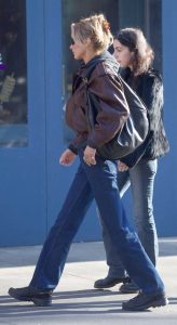 Bella Hadid in a Brown Leather Jacket