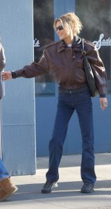 Bella Hadid in a Brown Leather Jacket