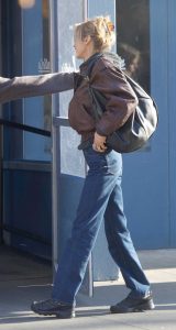 Bella Hadid in a Brown Leather Jacket