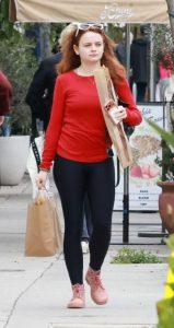 Joey King in a Red Long Sleeves T-Shirt