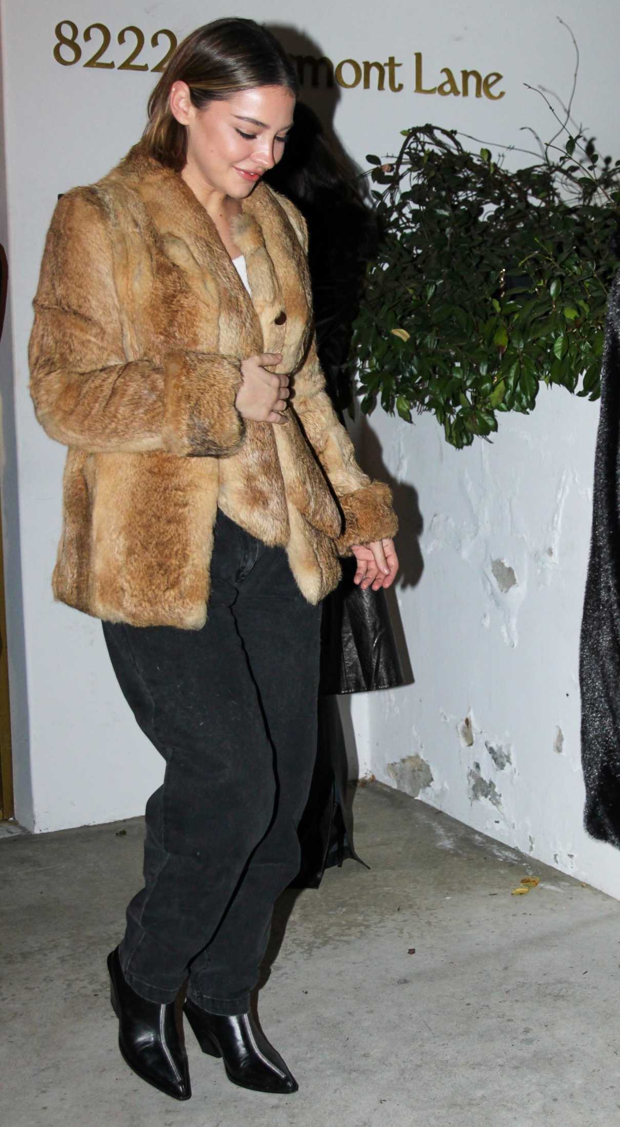 Madelyn Cline in a Beige Fur Coat