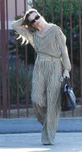 Margot Robbie in a Striped Pantsuit