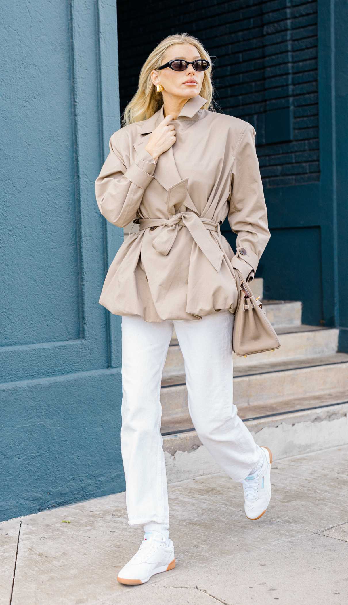 Elsa Hosk in a Beige Jacket
