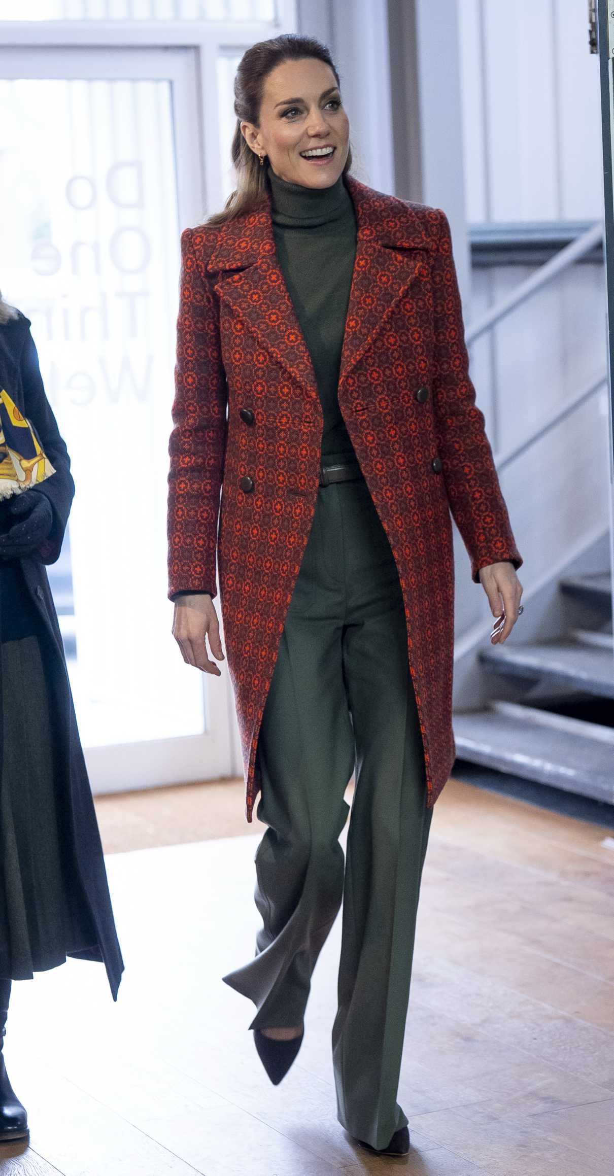 Kate Middleton in a Red Patterned Coat