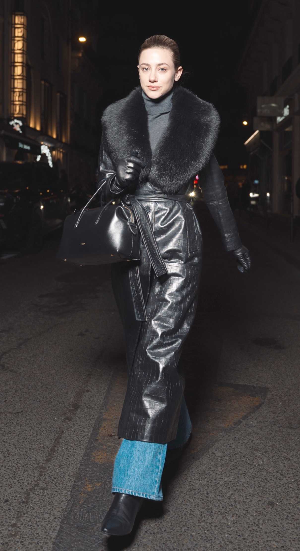 Lili Reinhart in a Black Leather Coat