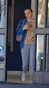 Lily-Rose Depp in a Blue Plaid Shirt