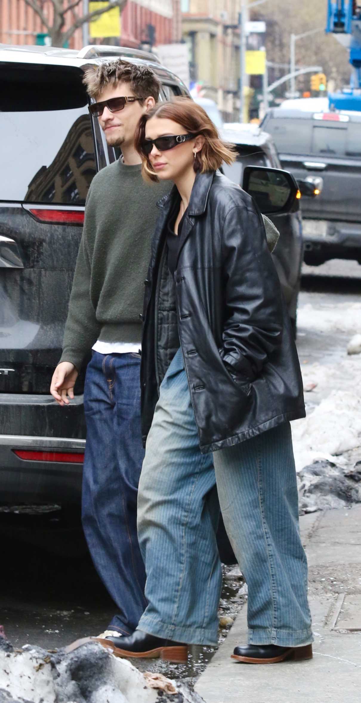 Millie Bobby Brown in a Black Leather Jacket