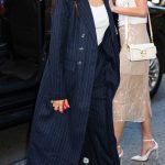 Nina Dobrev in a Navy Pinstriped Ensemble Was Seen Out on the Lower East Side in New York City 04/27/2026