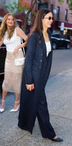 Nina Dobrev in a Navy Pinstriped Ensemble