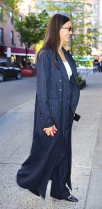 Nina Dobrev in a Navy Pinstriped Ensemble