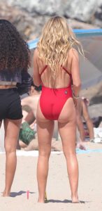 Hassie Harrison in a Red Swimsuit
