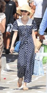 Lily Collins in a Blue Polka Dot Dress