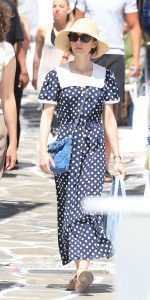 Lily Collins in a Blue Polka Dot Dress
