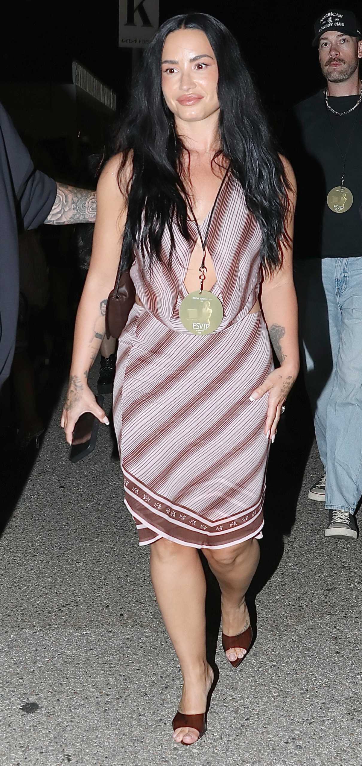 Demi Lovato in a Brown Striped Dress